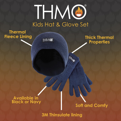 (Medium, Schwarz) THMO - Kinder Thinsulate Handschuhe und Wintermütze Set | Beanie Thermohandschuhe Set 2