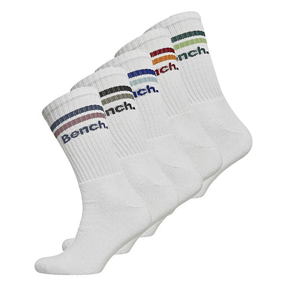 Bench (6-11, Assorted) - 5 Pairs Mens Crew Cotton Socks - Breathable Sport Athletic Socks White