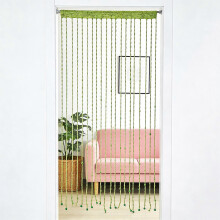 (Green) String Door Curtain with Soft Balls Tassel, Decorative Room Divider for Home