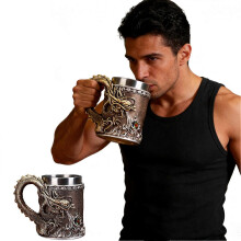 (Bronze) Dragon Embossed Metal Coffee Mug 500–600ml Stainless Steel Resin Mug | Heat Insulated Decorative Tea Cup Gift for Men