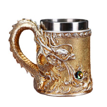 (Golden) Dragon Embossed Metal Coffee Mug 500–600ml Stainless Steel Resin Mug | Heat Insulated Decorative Tea Cup Gift for Men