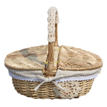 Linen Cotton Lining Wicker Basket with Eco-friendly Natural Wicker, Handmade Weaving Storage Hamper with Removable Liner for Picnic Wedding Gift,