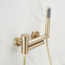 Bath Mixer Taps Wall Mounted 90Degree Swivel Spout Brushed Gold Shower Head And Hose Set