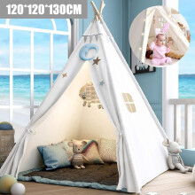 White Large Canvas Kids Teepee Star Wood Indian Tent Child InOutdoor Play House