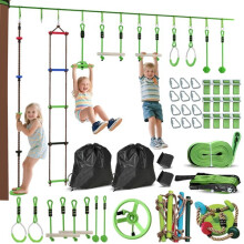 AIYAPLAY Obstacle Course for Kid with 10 Piece Slackline Kit Green