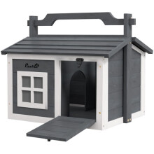 PawHut Rabbit Hutch Cat House Wooden with 2 Rooms Openable Roof Grey