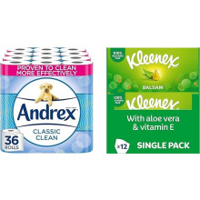 Andrex Classic Clean 9 rolls 4 units Kleenex Balsam Tissue Box 12 units