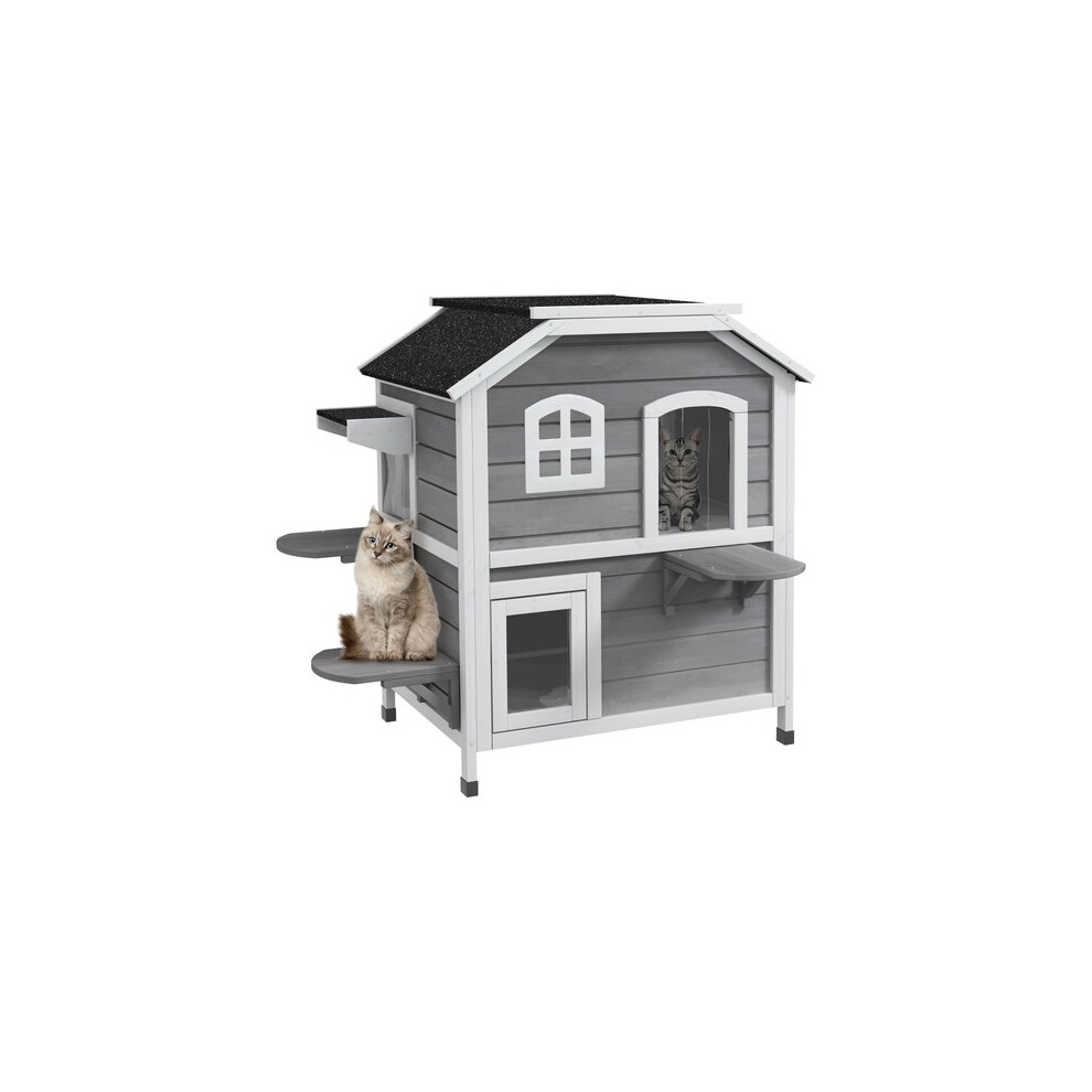 Pawhut 2Floor Wooden Cat House Elevated Cat Cave Pet Shelter Asphalt Eave Grey