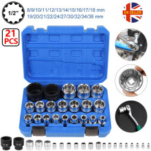 12 Universal Drive Metric Socket Set 21Pcs 836mm 12Point Spline CRV UK