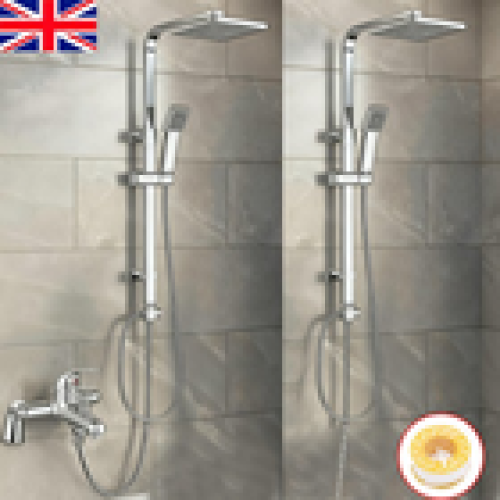 Shower Kit Twin Head Chrome Square Fixed Head Riser Rail With Bath Mixer Tap Set