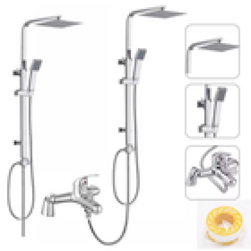 Shower Kit Twin Head Chrome Square Fixed Head Riser Rail With Bath Mixer Tap Set 2