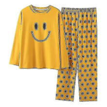 (L Asian (50-60Kg))Yellow Smiley Cotton Women's Pajamas Set Pajamas Polka Dot Print Pajamas Couple Pajamas Homewear