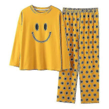 (L Asian (50-60Kg))Yellow Smiley Cotton Women's Pajamas Set Pajamas Polka Dot Print Pajamas Couple Pajamas Homewear
