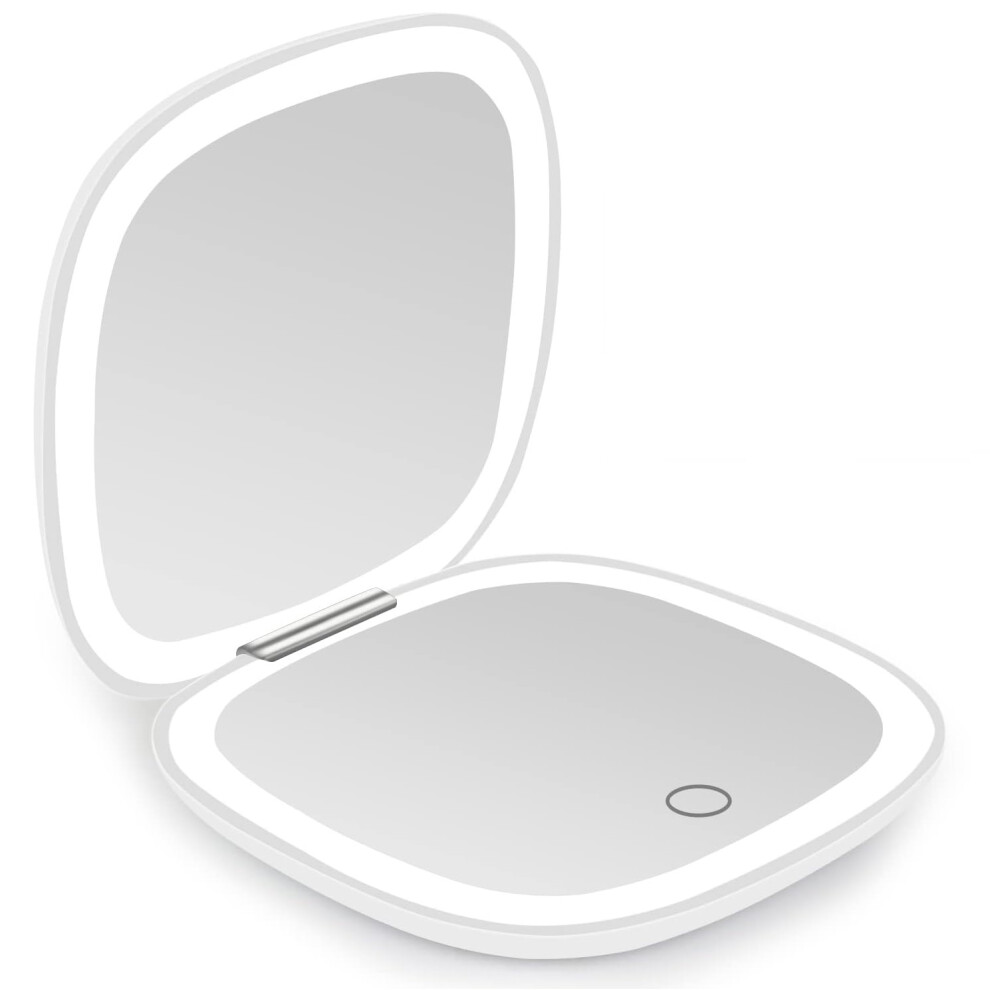1X and 10X Magnification Compact Makeup Mirror, Portable Rechargeable Travel Mirror with Dimmable Light and 3 Light Colors, Dual Light Strips