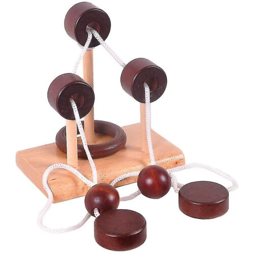 Conjunto de 4 puzzles clássicos de madeira com corda, anéis e quebra-cabeças (ruigou) 2