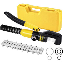 Hydraulische krimptang van 10 ton met 9 krimpmatrijzen (4-70 mm²) voor koperen en aluminium kabelogen.