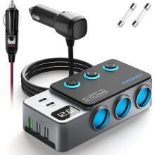 9-in-1 car charger with 3 ports, 120W power splitter and digital display, 12V-24V fast power adapter with Type-C and USB-A ports for electronic access