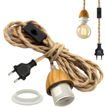 Vintage hanglamp, 4,5 m industriële hanglampset met schakelaar, E27 houten lamphouder met kabel, kap kan worden gemonteerd, lamp van henneptouw.