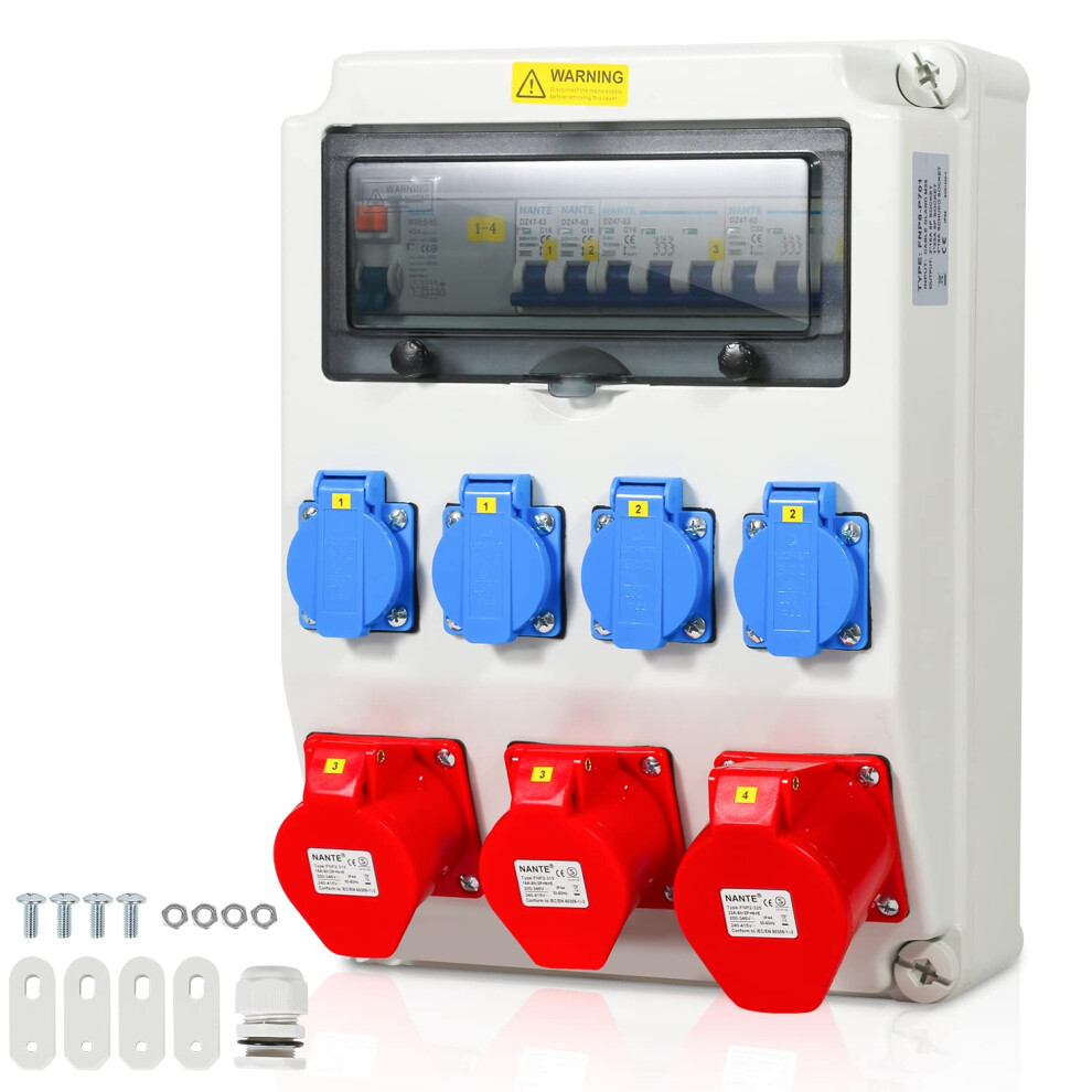 Construction Site Power Distribution Block With Circuit Breaker And Residual Current Device (Rcd), 5-Pin Wall-Mounted Distribution Block With 4 Protec 4027070121721