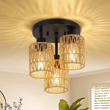 Rattan pendant light, boho 3-light ceiling light with rattan shade, vintage bamboo ceiling light, rustic hanging lamp, black wicker lamp for living ro