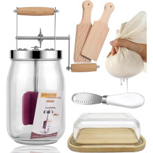 1.5L Butter Churn Kit, Vintage Manual Butter Churn with Wooden Handle, Stainless Steel Gear System Butter Maker, Hand Crank Butter Churn Mason Jar for