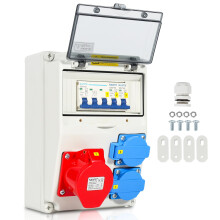 Wall-mounted distribution block with 5-pin circuit breaker, 2 protective contact sockets and a 16A CEE socket for indoor and outdoor power distributio