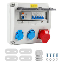 Wall-mounted distribution block with circuit breaker and residual current device (RCD) distribution block, 5-pin with 2 protective contact sockets and