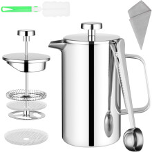 Roestvrijstalen French Press koffiemaker met filters en lepel, 350 ml, 3-in-1 roestvrij staal met reinigingsset, dubbelwandige koffiemaker, drukk