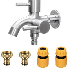 Universal double 1/2" garden tap, made of brass, rust and frost resistant, with 2 hose fittings, 1 roller sealing strip, for washing machine, garden,