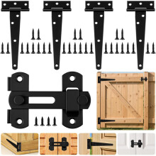 4-Piece Black T-Hinges, 6-Inch Metal Door Hinges with Door Latch and 28 Screws, Folding Stainless Steel for Shed Doors, Garden Gates, Windows