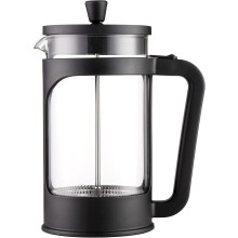 1-liter French press coffee/tea maker. Heat-resistant borosilicate glass. Stainless steel filter and black lid.