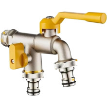 All-copper indoor and outdoor tap water faucet, one inlet, two outlets, 4-point, double flower-shaped, for garden use