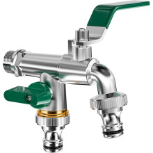 Dubbele tuinkraan, messing buitenkraan, kraan met dubbele 3/4" uitlaat en 1/2" inlaat, vorstbestendige kraan met dubbele aansluiting en slangmond