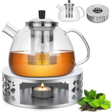Theepot met infuser, 1500 ml glazen theepot + theekaars met warmer, glazen theepot met warmer, verwijderbare infuser en roestvrijstalen filter, c