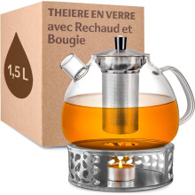 Glazen theepot met filter - Groot 1,5 liter - Met warmhoudring en kaars - Vaatwasmachinebestendig - Hittebestendig