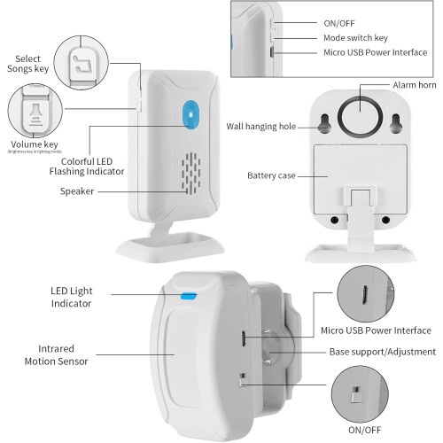 Wireless PIR motion sensor security detector alarm buzzer, welcome buzzer, mailbox alert, motion sensor buzzer with night light 1