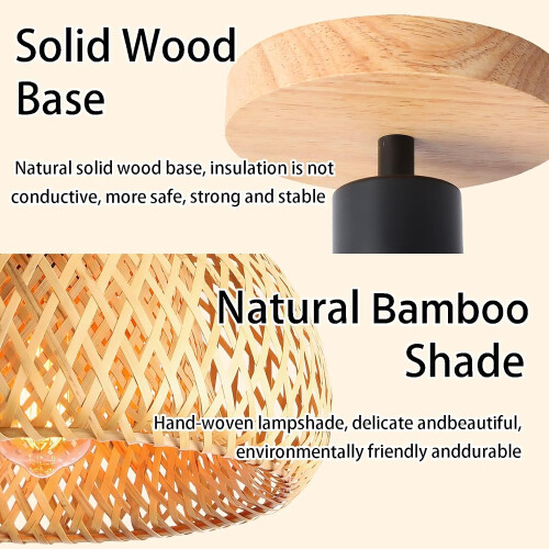 Bamboo Ceiling Light, Semi-Flushmount Wicker Ceiling Light, Handmade Boho Rattan Ceiling Light Fixture 2