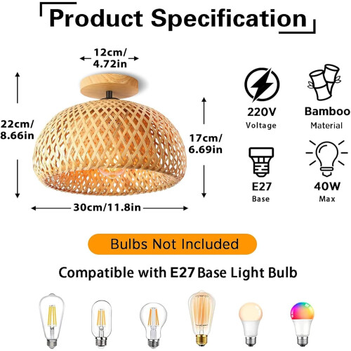 Bamboo Ceiling Light, Semi-Flushmount Wicker Ceiling Light, Handmade Boho Rattan Ceiling Light Fixture 1