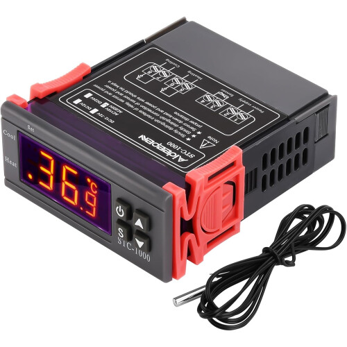 STC-1000 Temperature Controller, AC 110V-220V 10A Digital Thermostat with 10K NTC Temperature Sensor Probe, Heating/Cooling for Fermentation