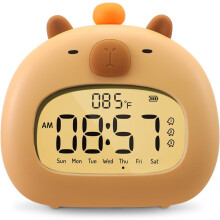 Capybara Kinderwekker - Nachtkastje Wekker met Nachtlampje - 3 Alarmstanden - LED-display voor Datum, Tijd en Temperatuur - Oplaadbaar voor Jonge
