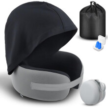 Airplane-shaped travel pillow with hood - Memory foam - For air and car travel - Adjustable - For adults - With earplugs - Gray