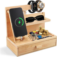 Schreibtisch-Organizer aus Holz – mit Handyhalterung, Stifthalter, Ablage und Schublade – aus Bambus – für Büro und Homeoffice