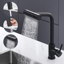 Black Waterfall Kitchen Faucet, Kitchen Mixer Tap with Pull-Out Sprayer, 3 Flow Modes, 360 Rotating Retractable Kitchen Sink Faucet in Stainless Stee