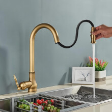 Antique Kitchen Faucet, Pull-Out Spray Mixer Tap, Brass, 360 Rotating Sink Faucet with Adjustable Lever, Hot and Cold Water, High Spout, Brushed Bras
