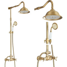 Retro Shower Column with Shower Faucet, Antique Brass Bathroom Shower System with 2 Outlets, Overhead Shower, Hand Shower, Height Adjustable (85-135 c