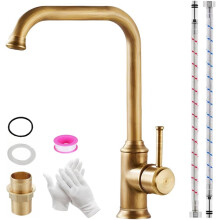 Vintage Antique Brass Kitchen Faucet, Retro Bronze Kitchen Sink Mixer Tap, 360 Swivel Single Handle Kitchen Mixer Tap with G3/8" Water Supply Hose
