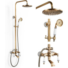 Retro Brass Shower Column with Mixer Tap, Shower System, Shower Set, Wall-Mounted Shower Kit with 20cm Shower Head, Hand Shower, Bath Tap, Adjustable