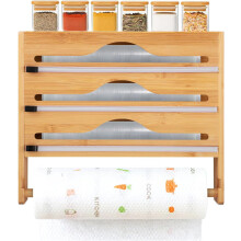 Film dispenser with cutter and kitchen roll holder, wrap dispenser with cutter, wall-mounted bamboo kitchen roll adhesive film and sheet organizer