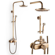 Retro Brass Shower Column System, Antique Wall-Mounted Shower Set with 20cm Shower Head, Hand Shower, Shower Mixer, Adjustable Height 700-1200mm