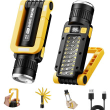 Rechargeable magnetic LED work light, portable work lights, 7 flashlight modes with 360 rotating hook and carabiner, USB charging for camping and hun